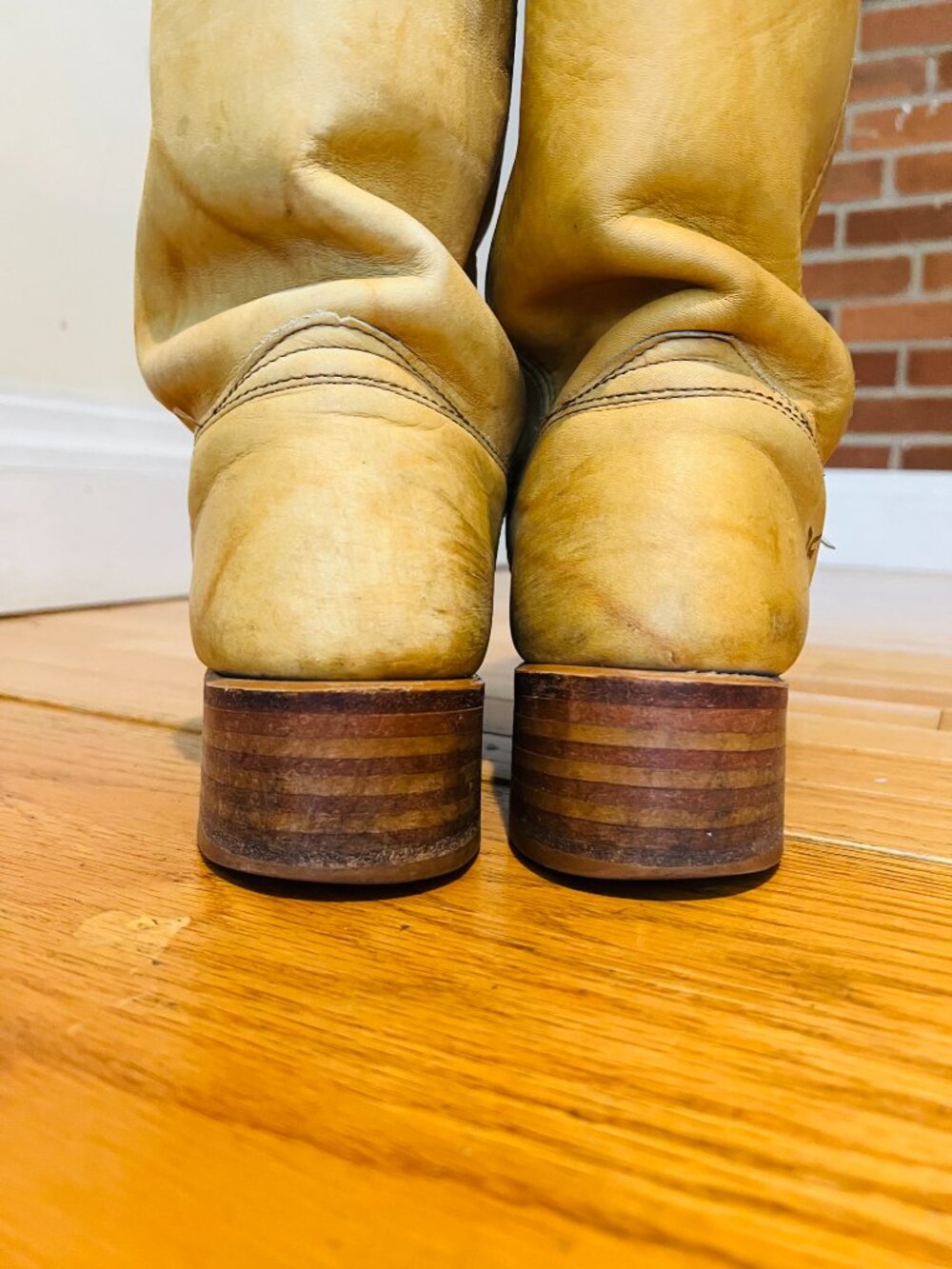 VTG Frye Campus Banana Boots Women 9.5 M Yellow Square Toe Western MADE IN USA - Picture 13 of 16